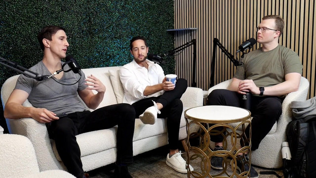 Three participants recording the Founder Secrets conversation in a podcast studio